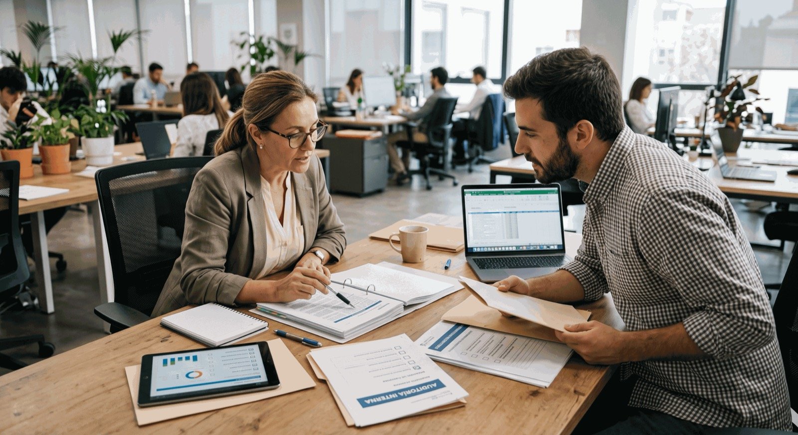 Auditora y responsable de área revisando documentación y listas de verificación de una auditoría interna
