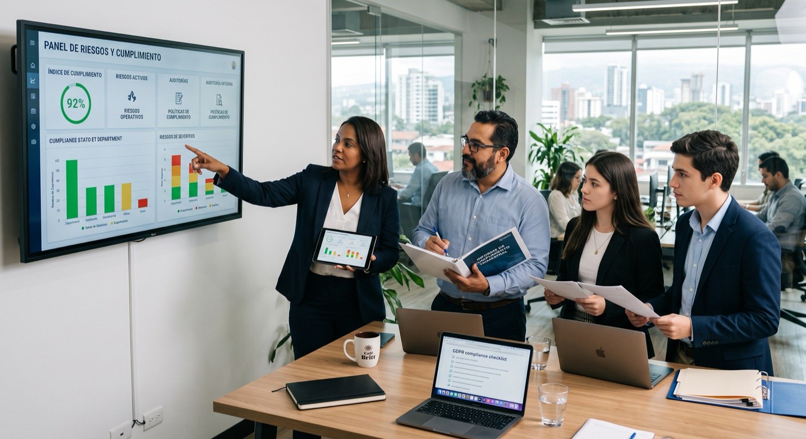 Consultora presentando un panel de riesgos y cumplimiento a un equipo de tres colegas en una oficina